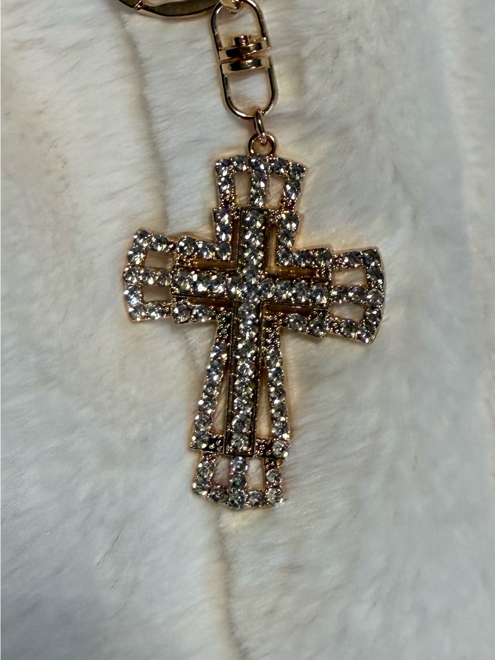 Gold-Tone Crystal Cross Pendant Keychain - Sparkling White Stones